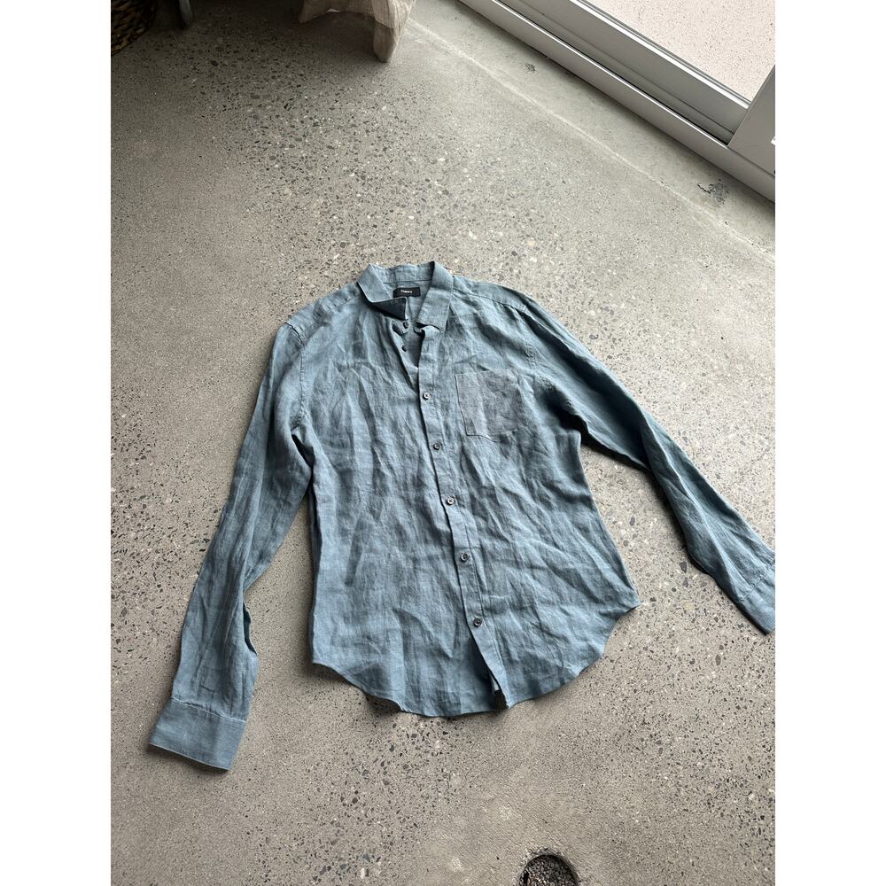 Theory Men's Medium Top Teal Linen Button Down Lightweight